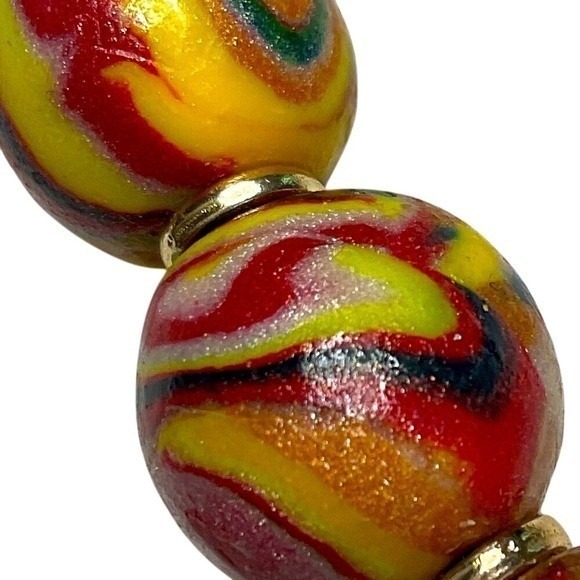 Marbled Bead Necklace Red Yellow Swirl Statement Choker - Picture 4 of 8